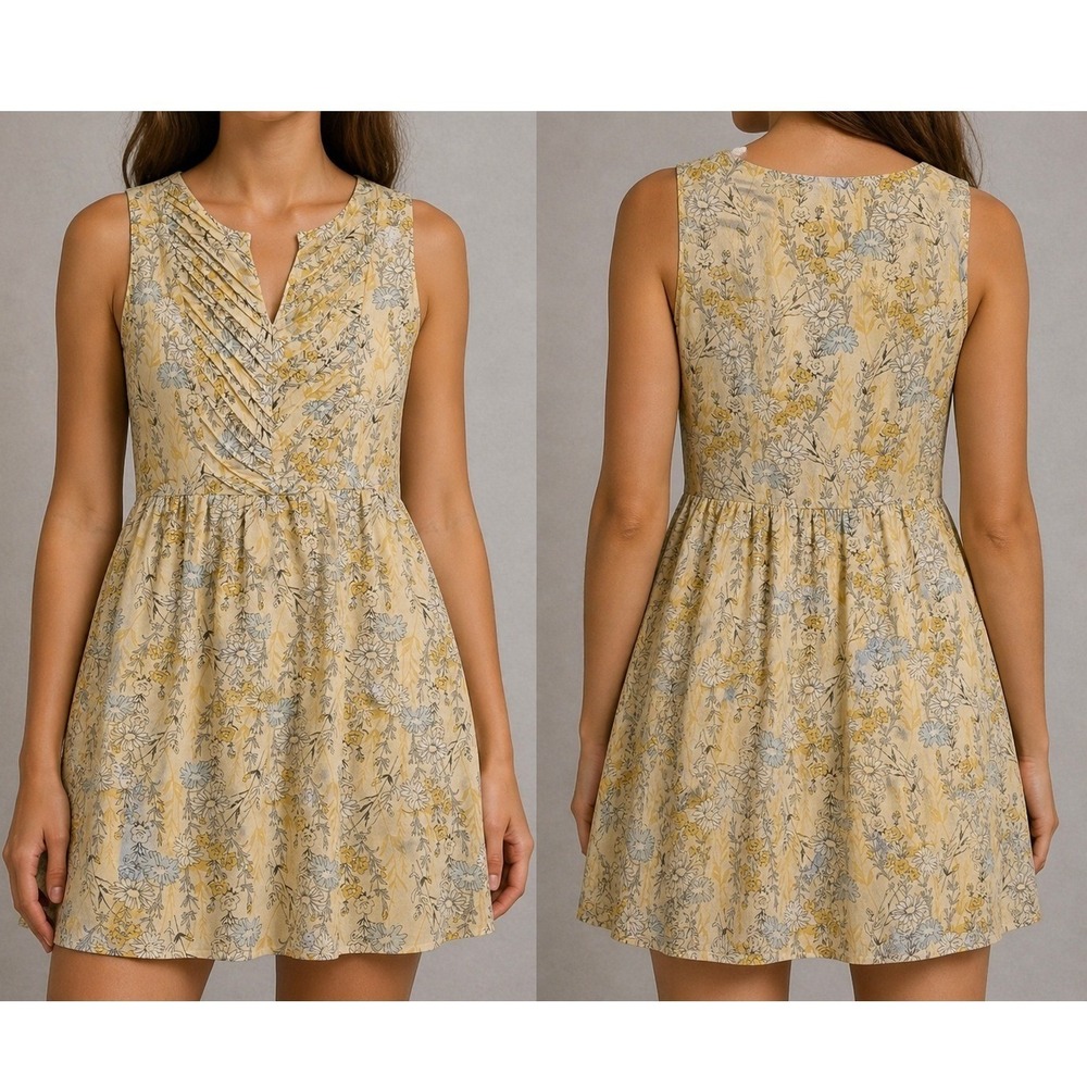 Love21 Forever 21 Dress Small Yellow Y2k Babydoll Floral Pleated Sleeveless Mini